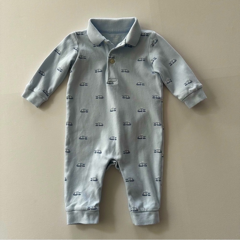 Ralph Lauren 6 Months Baby Boy Train Print Light Blue One Piece Polo Romper